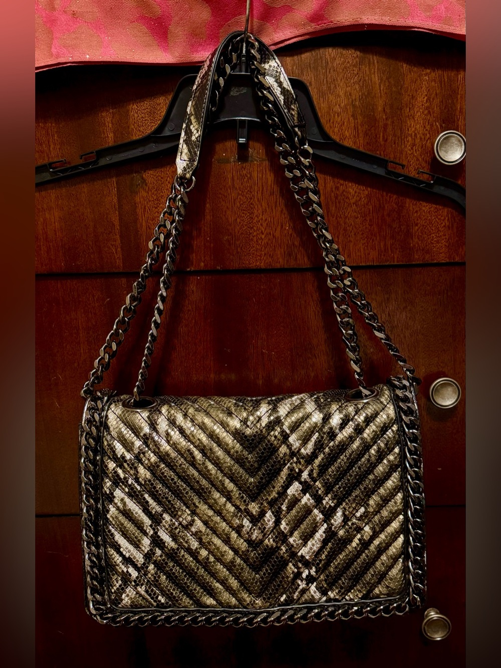 New! Aldo Greenwald Quilted Snake-Print Shoulder Bag in Olive Black